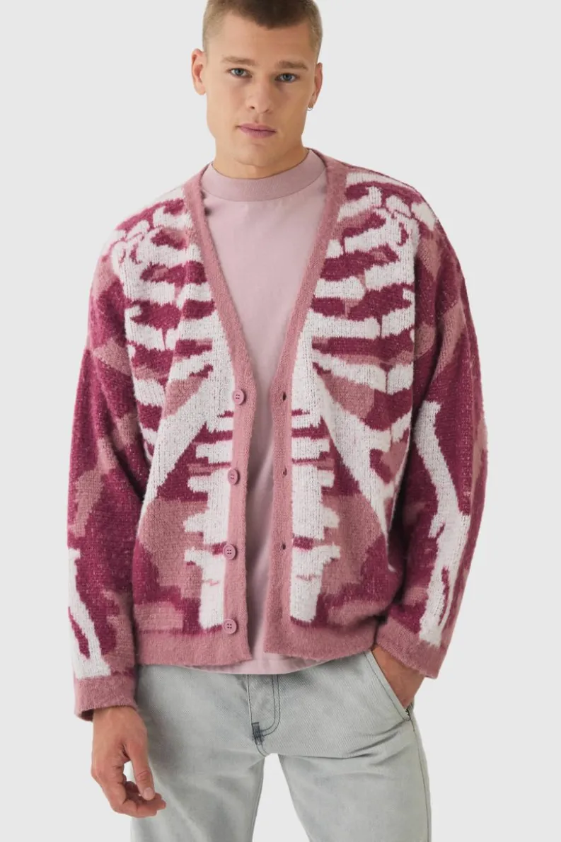 Cheap boohooMAN Abstract Camo Brushed Cardigan in pink
