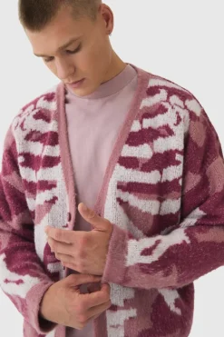 Cheap boohooMAN Abstract Camo Brushed Cardigan in pink