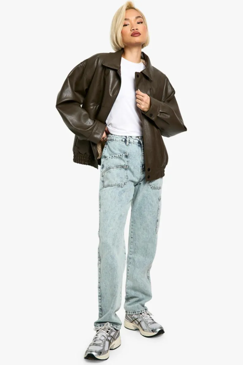 Outlet boohoo Acid Wash Cargo Straight Fit Jeans light wash