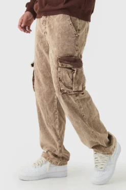 Best boohooMAN Acid Wash Cord Relaxed Fit Cargo Trousers chocolate