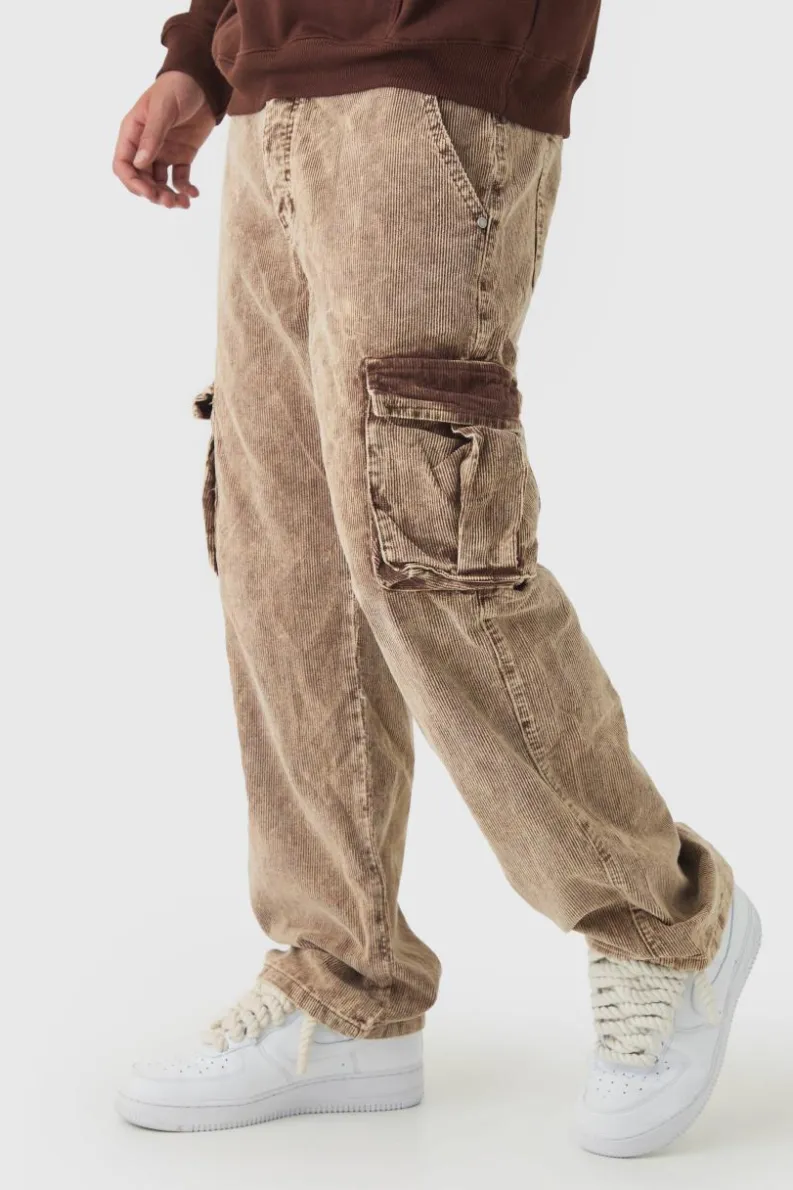 Best boohooMAN Acid Wash Cord Relaxed Fit Cargo Trousers chocolate