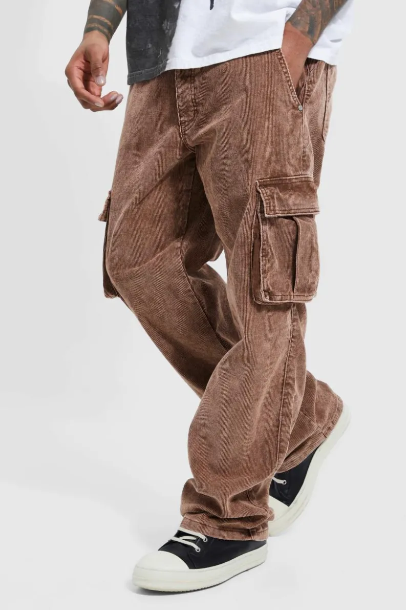 Store boohooMAN Acid Wash Relaxed Cord Cargo Trouser chocolate