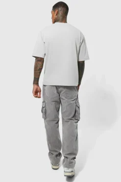 Best Sale boohooMAN Acid Wash Relaxed Cord Cargo Trouser charcoal