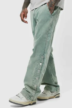 Discount boohooMAN Acid Wash Relaxed Fit Popper Corduroy Trousers sage