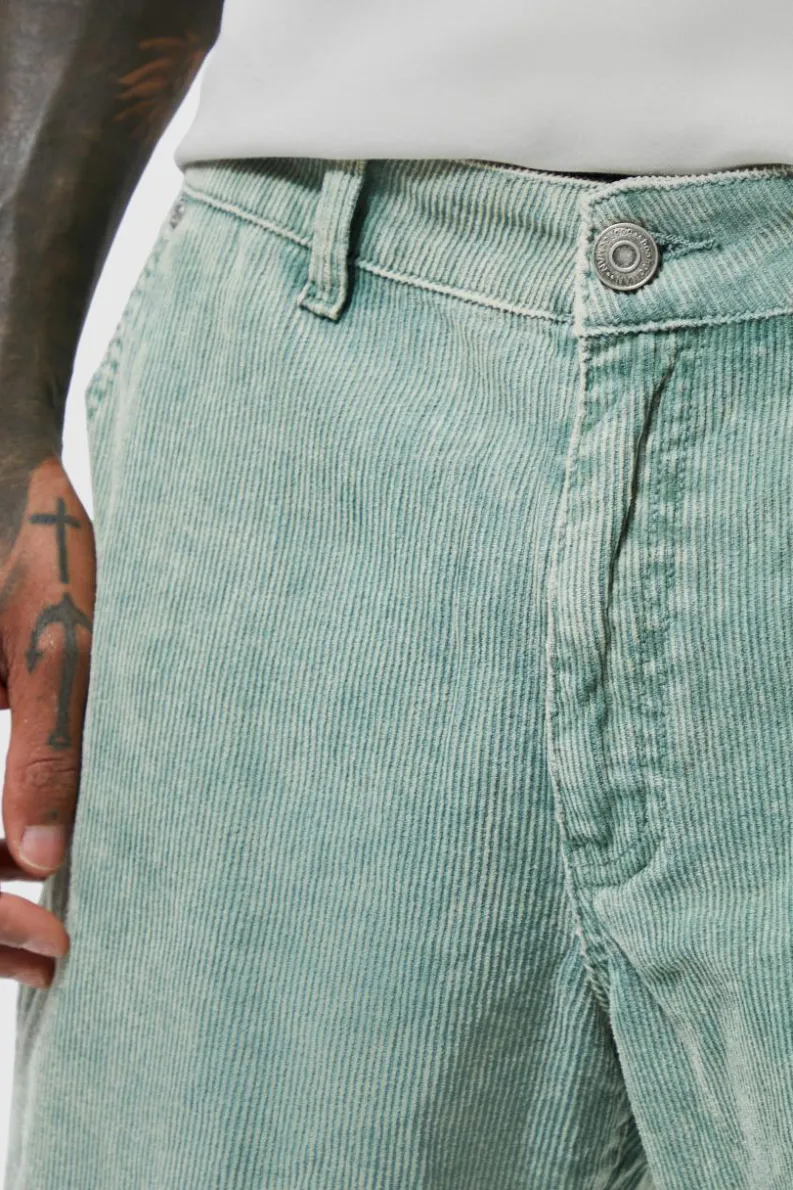 Discount boohooMAN Acid Wash Relaxed Fit Popper Corduroy Trousers sage