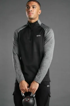 Sale boohooMAN Active Gym Slim Fit Funnel Neck Track Gym Top black
