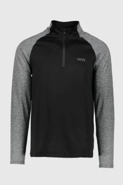 Sale boohooMAN Active Gym Slim Fit Funnel Neck Track Gym Top black