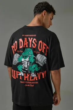 Online boohooMAN Active Oversized No Days Off Lift Heavy T-shirt black