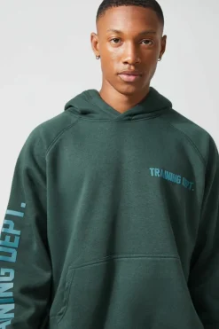Flash Sale boohooMAN Active Training Dept Oversized Boxy Hoodie dark green