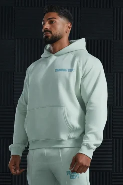 Online boohooMAN Active Training Dept Oversized Boxy Hoodie sage