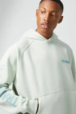 Online boohooMAN Active Training Dept Oversized Boxy Hoodie sage