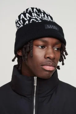 Sale boohooMAN All Over Contrast Man Dash Beanie black