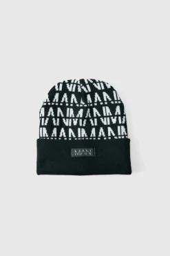 Sale boohooMAN All Over Contrast Man Dash Beanie black