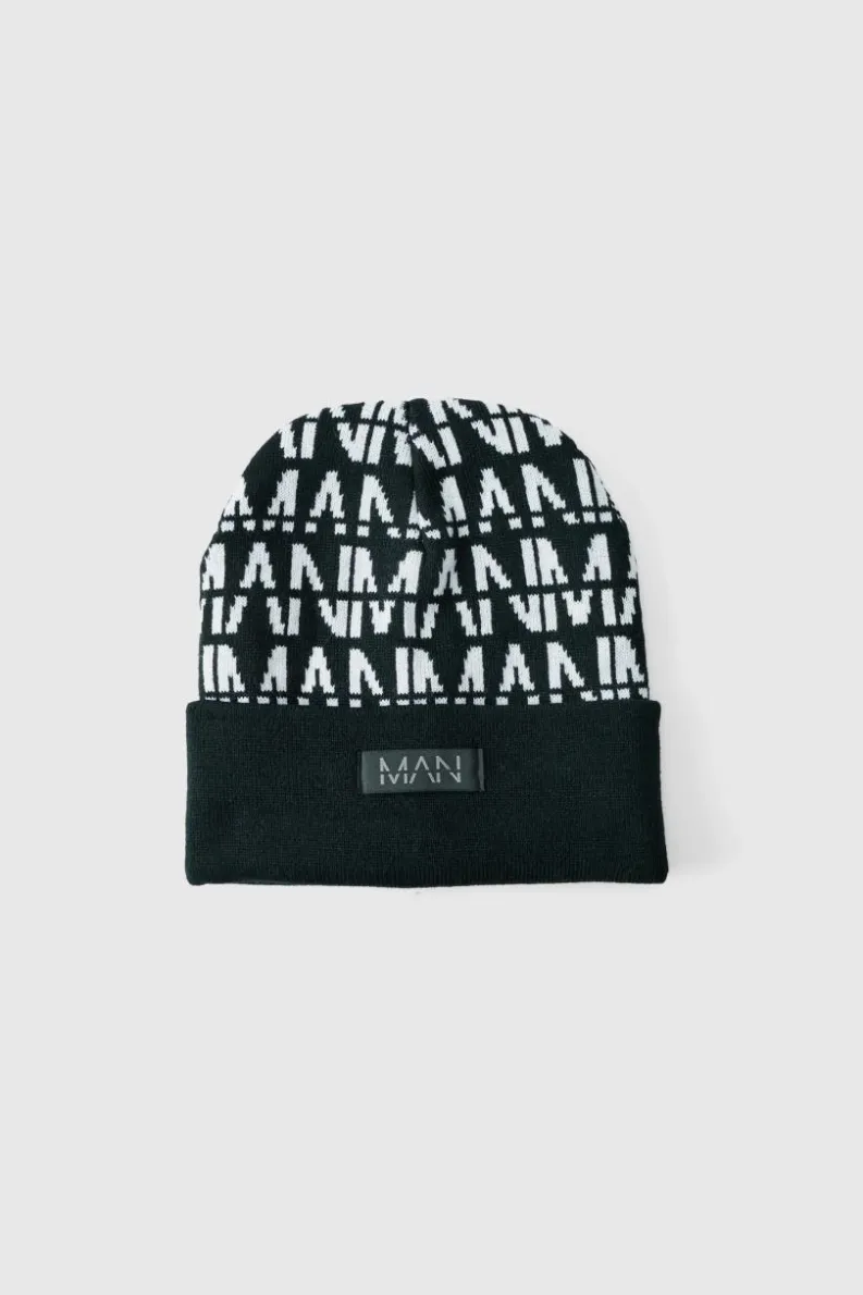 Sale boohooMAN All Over Contrast Man Dash Beanie black