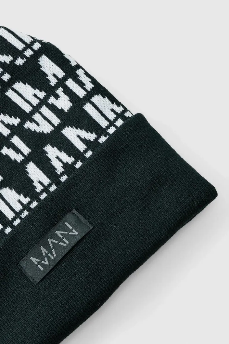 Sale boohooMAN All Over Contrast Man Dash Beanie black