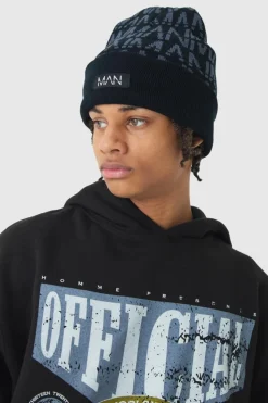 Online boohooMAN All Over Man Dash Tonal Beanie black