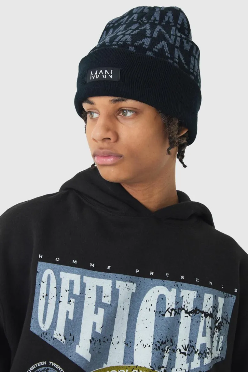 Online boohooMAN All Over Man Dash Tonal Beanie black