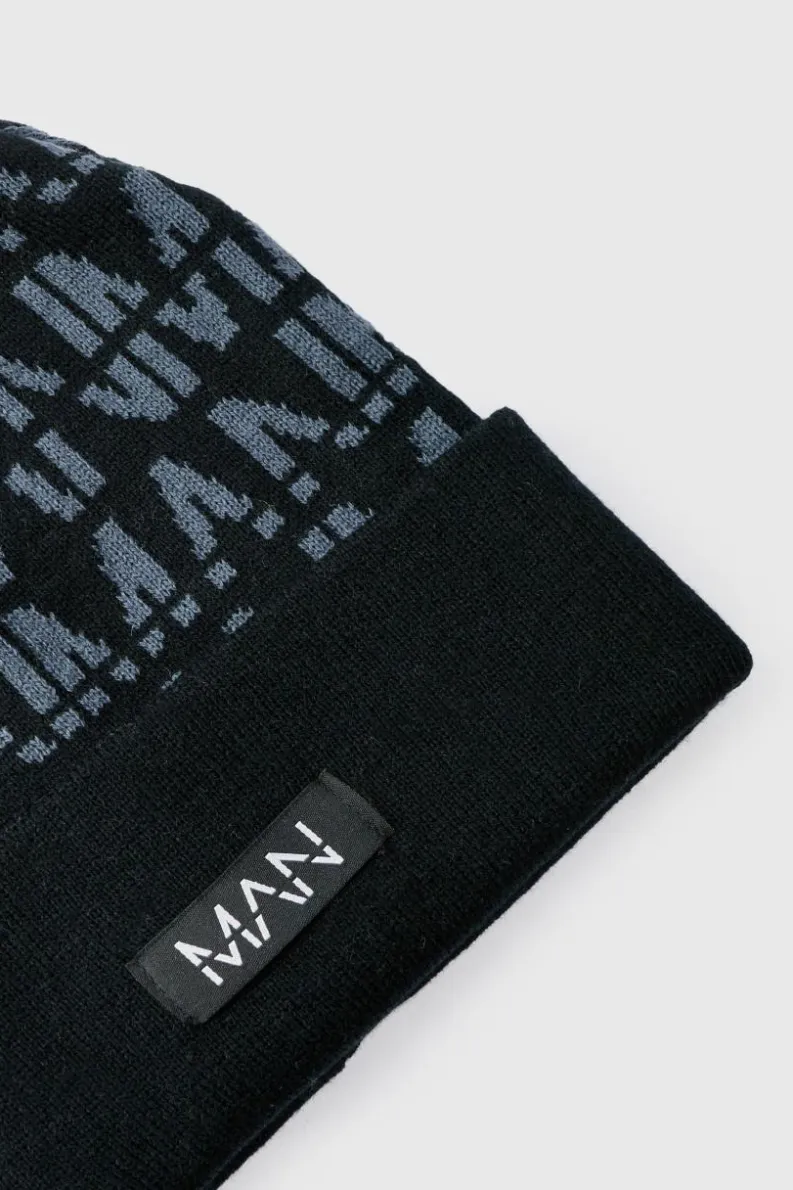 Online boohooMAN All Over Man Dash Tonal Beanie black