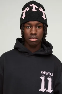 Discount boohooMAN Applique Ribbed Cross Beanie black