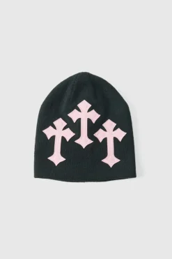 Discount boohooMAN Applique Ribbed Cross Beanie black