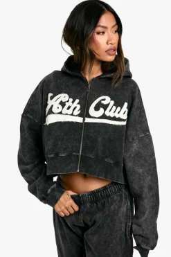 Cheap boohoo Ath Club Acid Wash Boxy Crop Zip Through Hoodie charcoal