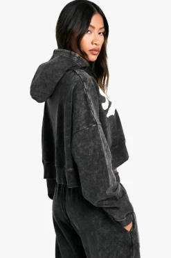 Cheap boohoo Ath Club Acid Wash Boxy Crop Zip Through Hoodie charcoal