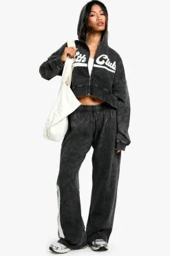 Cheap boohoo Ath Club Acid Wash Boxy Crop Zip Through Hoodie charcoal
