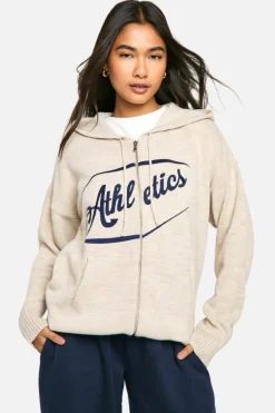 Flash Sale boohoo Athletics Embroidered Zip Through Oversized Knitted Hoody cream