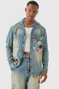 Best Sale boohooMAN Badge Detail Revere Collar Denim Overshirt antique blue