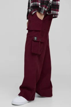 Best Sale boohooMAN Baggy Corduroy Cargo Trouser burgundy