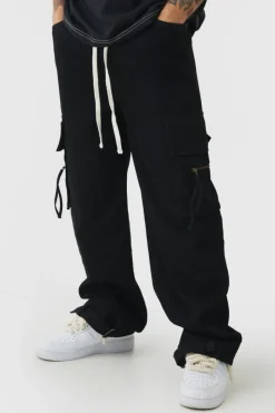 New boohooMAN Baggy Fit Elasticated Waist Extended Drawcord Cargo Trousers black