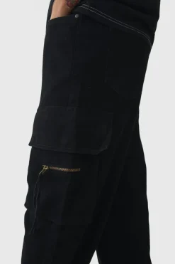 New boohooMAN Baggy Fit Elasticated Waist Extended Drawcord Cargo Trousers black
