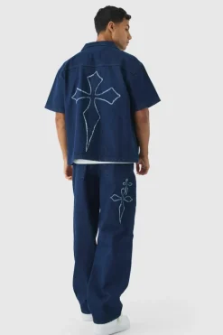 Best Sale boohooMAN Baggy Fit Raw Edge Denim Cross Applique Jeans indigo