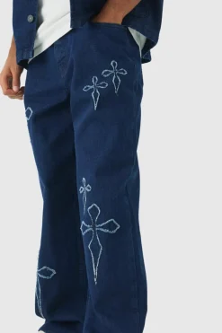Best Sale boohooMAN Baggy Fit Raw Edge Denim Cross Applique Jeans indigo