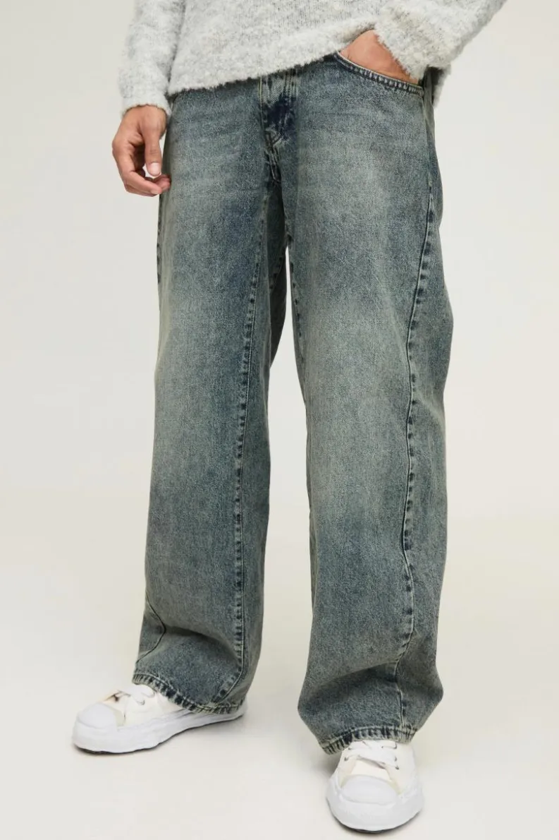Outlet boohooMAN Baggy Fit Rigid Gusset Panel Jeans vintage wash
