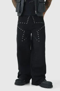 Best Sale boohooMAN Baggy Fit Rigid Star Studded Jeans washed black