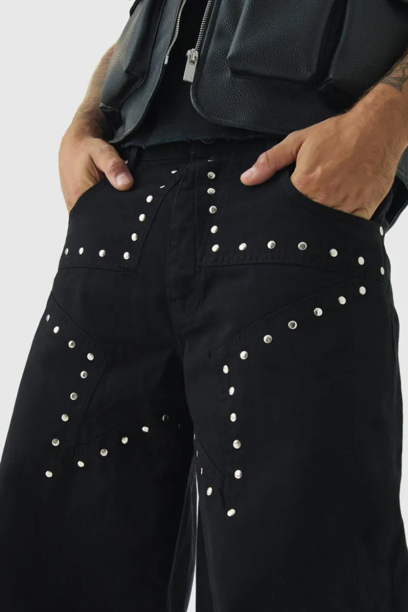 Best Sale boohooMAN Baggy Fit Rigid Star Studded Jeans washed black