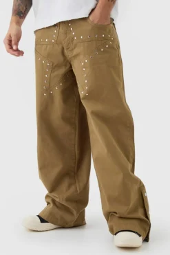 Cheap boohooMAN Baggy Fit Rigid Star Studded Jeans khaki