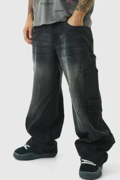 Clearance boohooMAN Baggy Fit Washed Buckle Strap Cargo Jeans washed black