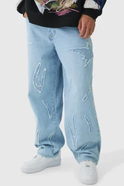 New boohooMAN Baggy Rigid All Over Raw Edge Applique Jeans light blue