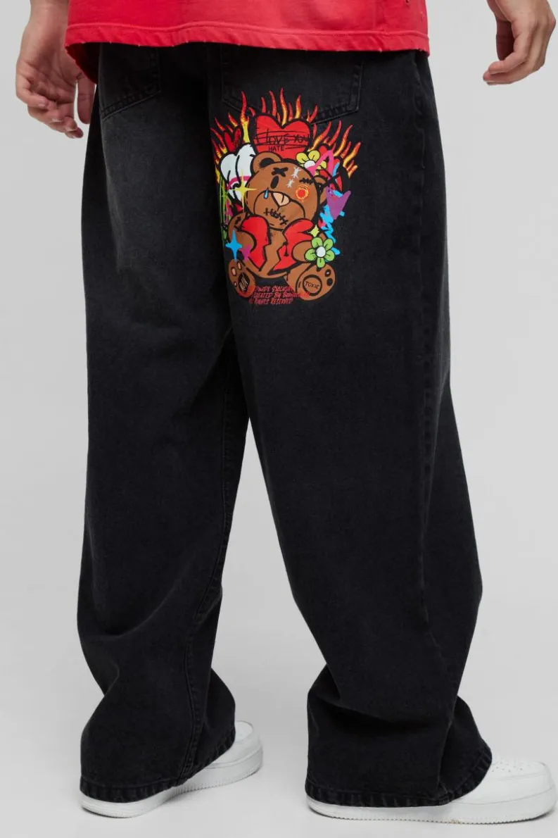 Flash Sale boohooMAN Baggy Rigid Applique Denim Jeans washed black