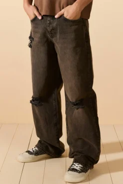 Fashion boohooMAN Baggy Rigid Wash Ripped Knee Jeans brown