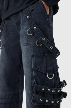 Sale boohooMAN Baggy Rigid Cargo Strap Jeans In washed black