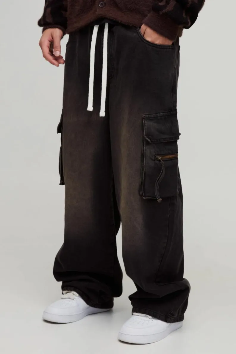 Fashion boohooMAN Baggy Rigid Cargo Washed Denim Jeans brown