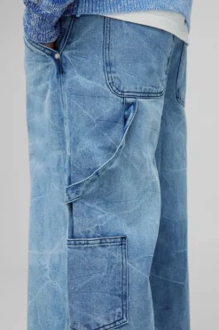 New boohooMAN Baggy Rigid Carpenter Crinkle Denim Jeans In antique blue