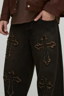 Cheap boohooMAN Baggy Rigid Cross Applique Denim Jeans brown