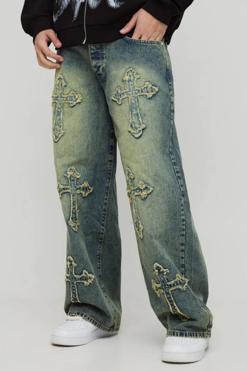 Cheap boohooMAN Baggy Rigid Cross Applique Denim Jeans green