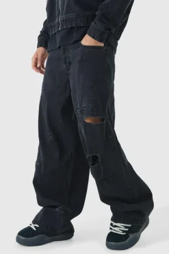 Outlet boohooMAN Baggy Rigid Cross Applique Denim Jeans washed black