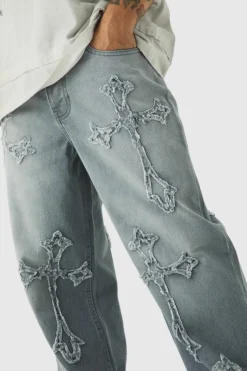 Best boohooMAN Baggy Rigid Cross Applique Jeans In light grey