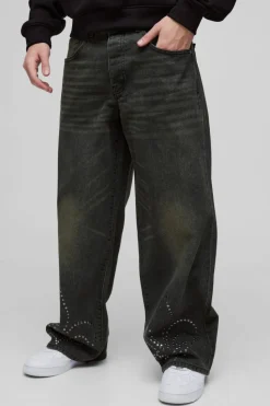 Cheap boohooMAN Baggy Rigid Cross Stud Applique Denim Jeans petrol